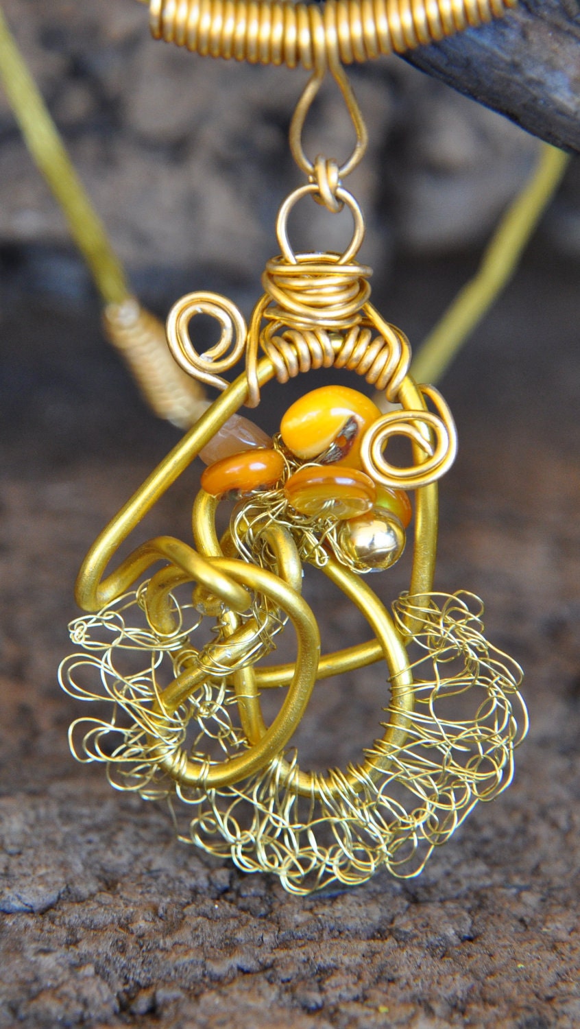 GOLD -  Gold Aluminum Wire Wrapped Crochet with Orange Beads and  Yellow Saffron Satin Necklace