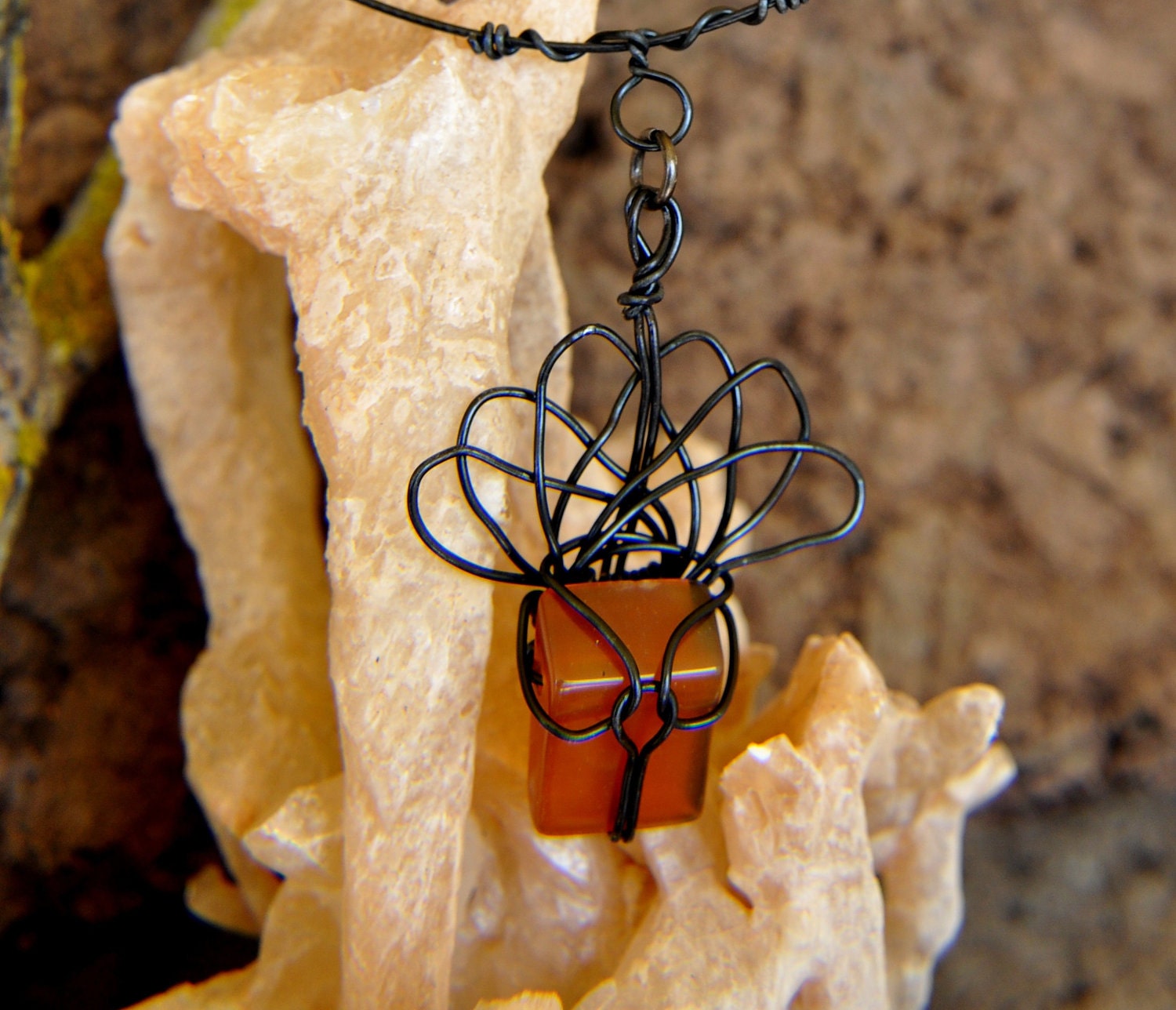 MASK -  Wire Jewel Semiprecious Stone Caramel Handmade Black Aluminum