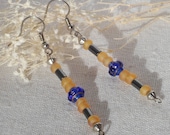 Dangling earrings of opaque yellow beads, hematite, vintage blue beads and silver balls