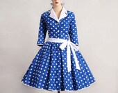 1950s Rockabilly Vintage Dress Royal Blue / Med White Polka Dot 3/4
 Arm (D07-CM08)