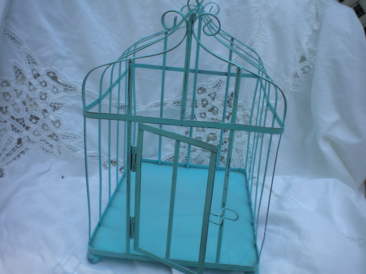 Bird Cage in Metal Vintage Robin's Egg ,Wedding Bird Cage,Shabby Chic,Cottage ,Bird Cage decor
