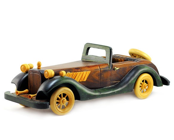 Handmade Wooden Retro Roadster Convertible: Vintage Collectable Toy Car - Green, Brown, Yellow, Wood - Men, Fathers Day
