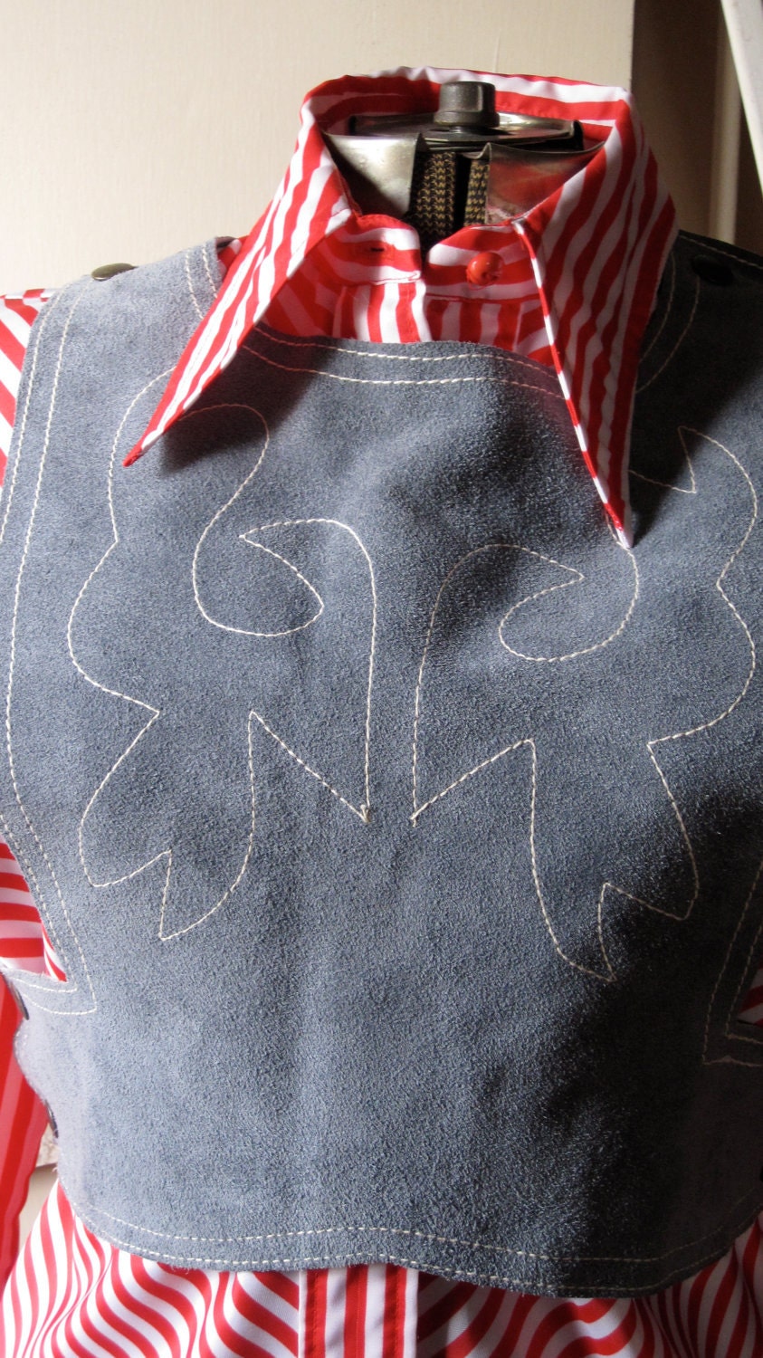 Incredible Rare VEST Waistcoat Suede Dove pattern White stitch Side stud buttons Extra Small/Small FREE SHIPPING