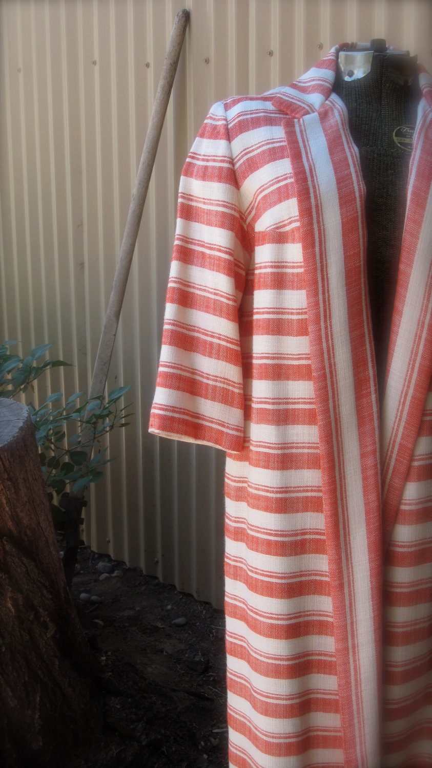 1950s Striped Linen Coat  Orange Red/ size medium, long