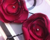 Red Flower Bobby Pin Set of Two with Shinny Silver Beads, Wedding Party, Bridal Party, Bridesmaid Hair, Wedding Hair, Red Wedding