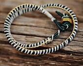 DOUBLE Gold beaded chain wrap bracelet: Leather/cord color-DARK GREEN / cream