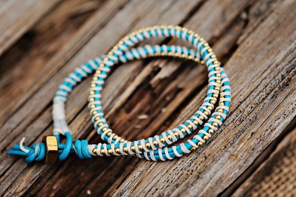 CUSTOM - DOUBLE GOLD beaded chain wrap bracelet: Leather/cord color- (you design)