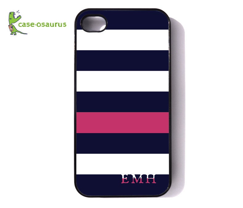 iPhone 4 Case - Dark Navy Nautical Stripe with Old Rose - Monogrammed, Personalized iPhone 4 Case