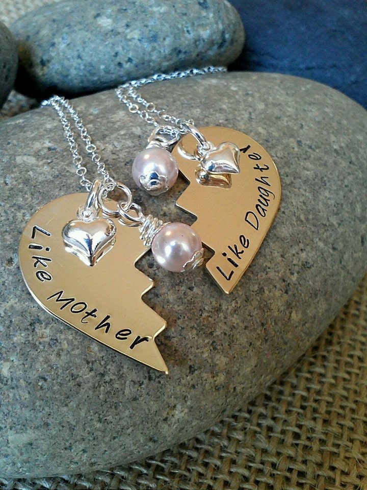 Like Mother, Like Daughter Personalized Broken Heart Necklace with Puffy Heart Charms and Swarovski Pearls