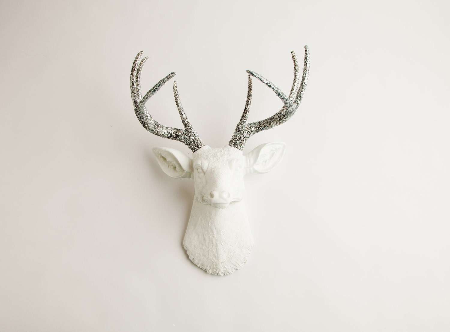 The Weston - White W/ Silver Glitter Antlers Resin Deer Head- Stag Resin White Faux Taxidermy
