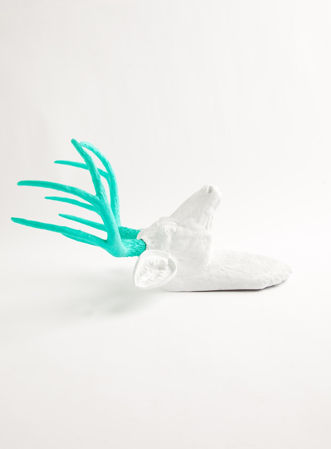 Faux Taxidermied - The Oleg - White W/ Turquoise Antlers Resin Deer Head- Stag Resin White Faux Taxidermy