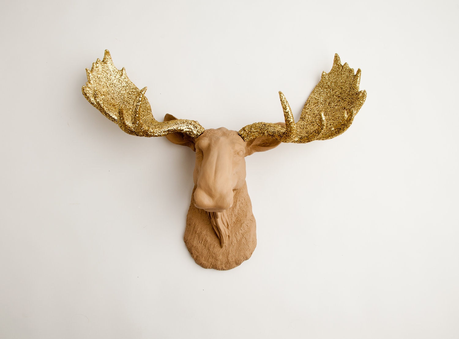 MooseHead Mount - The Oscar - Tan w/ Gold Glitter Antlers Resin Moose Head- Moose Resin Tan Faux Taxidermy- Chic & Trendy