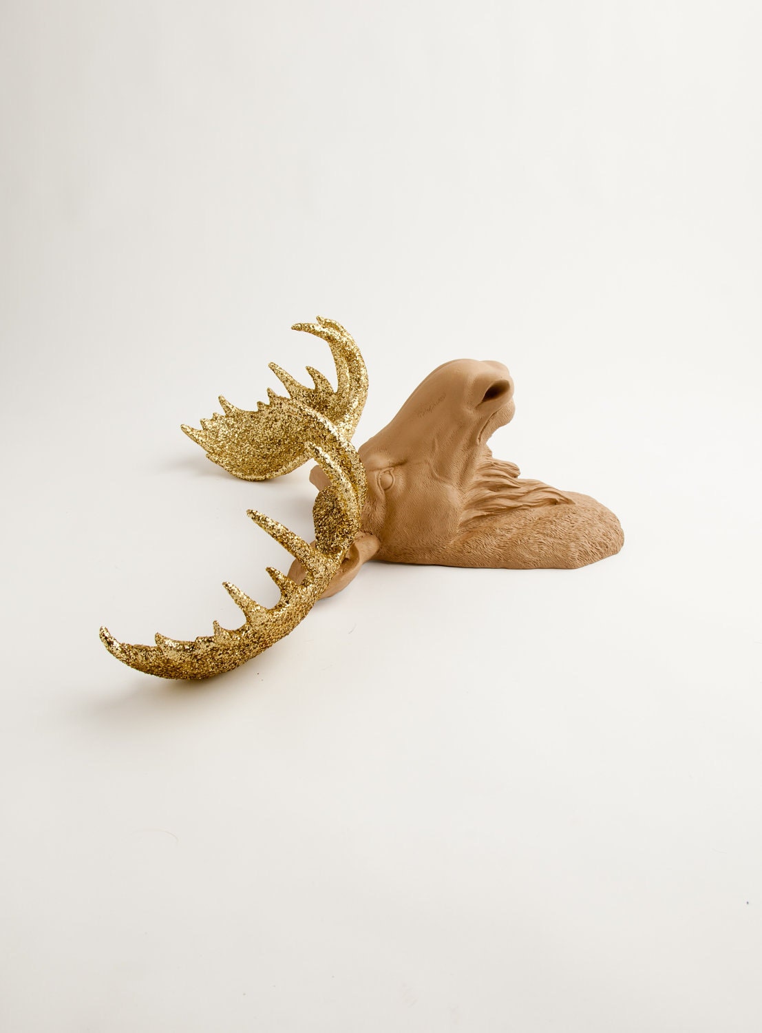 MooseHead Mount - The Oscar - Tan w/ Gold Glitter Antlers Resin Moose Head- Moose Resin Tan Faux Taxidermy- Chic & Trendy