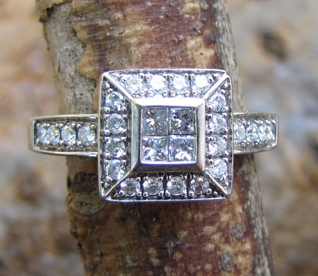28 Diamond Vintage Engagement Ring - White Gold and Princess Cut Stones - 1970s Pave Tiffany Style Square Setting
