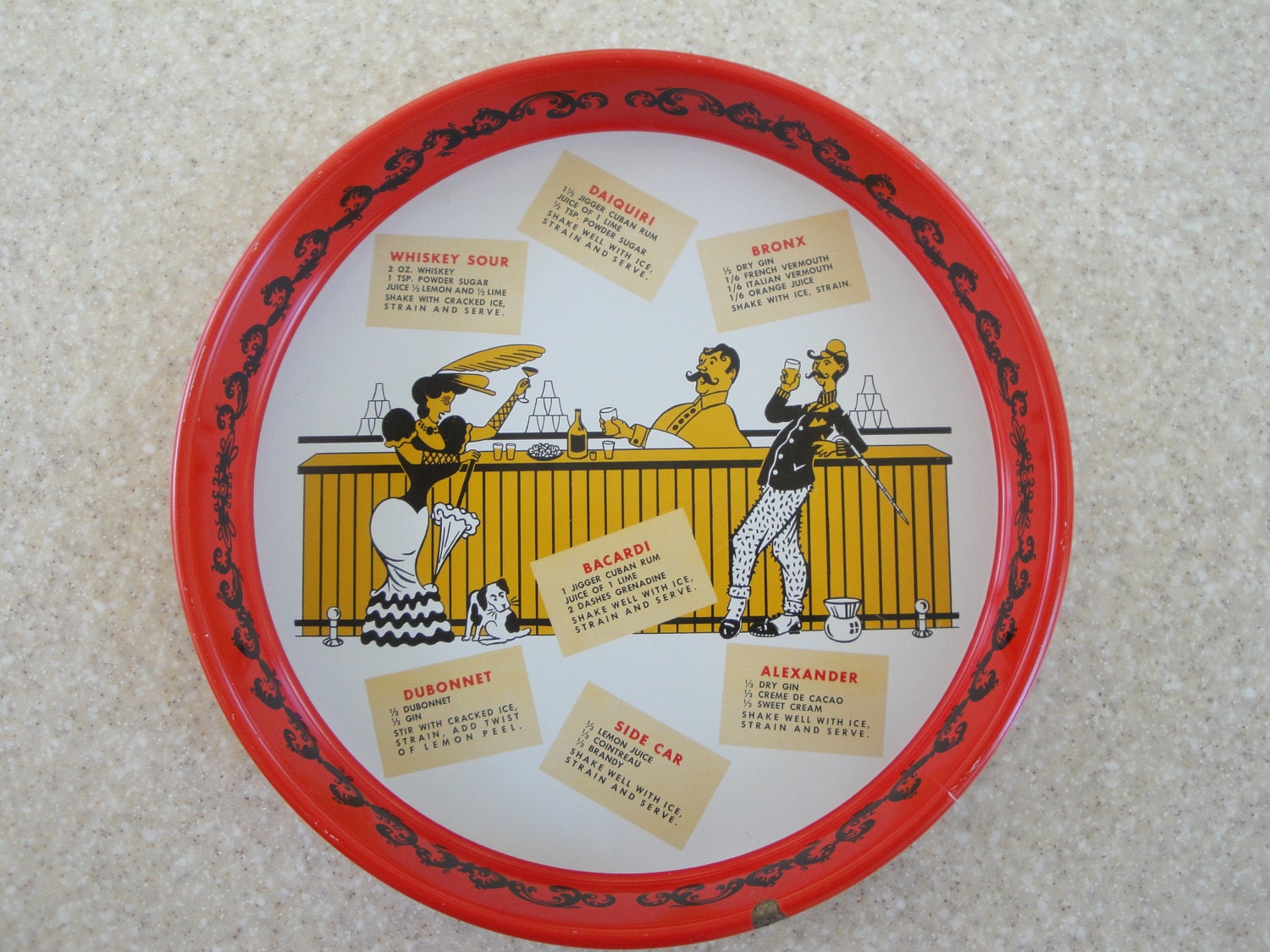 Vintage Barware Serving Tray with Mixed Drink Recipes