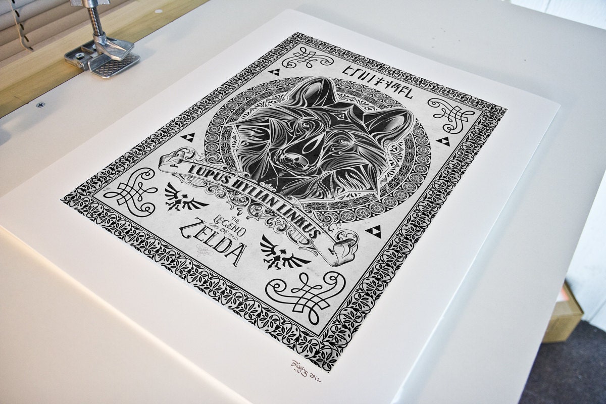 Legend of Zelda - Lupus Hylian Linkus Line Art - signed museum quality giclée fine art print 16" x 20"