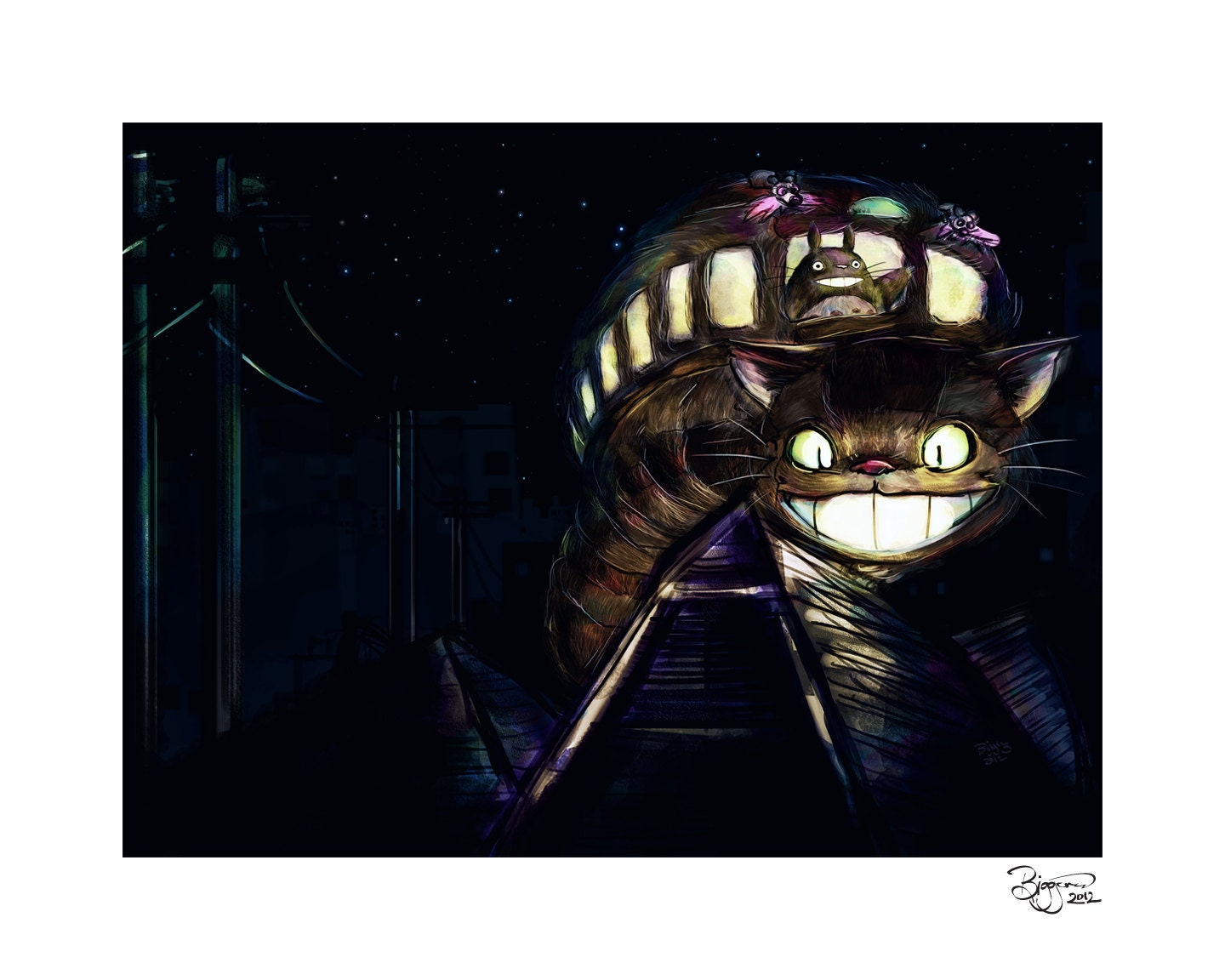 Miyazaki's Totoro Neko Bus is in Your Town Digital Painting - signed museum quality giclée fine art print 16" x 20"