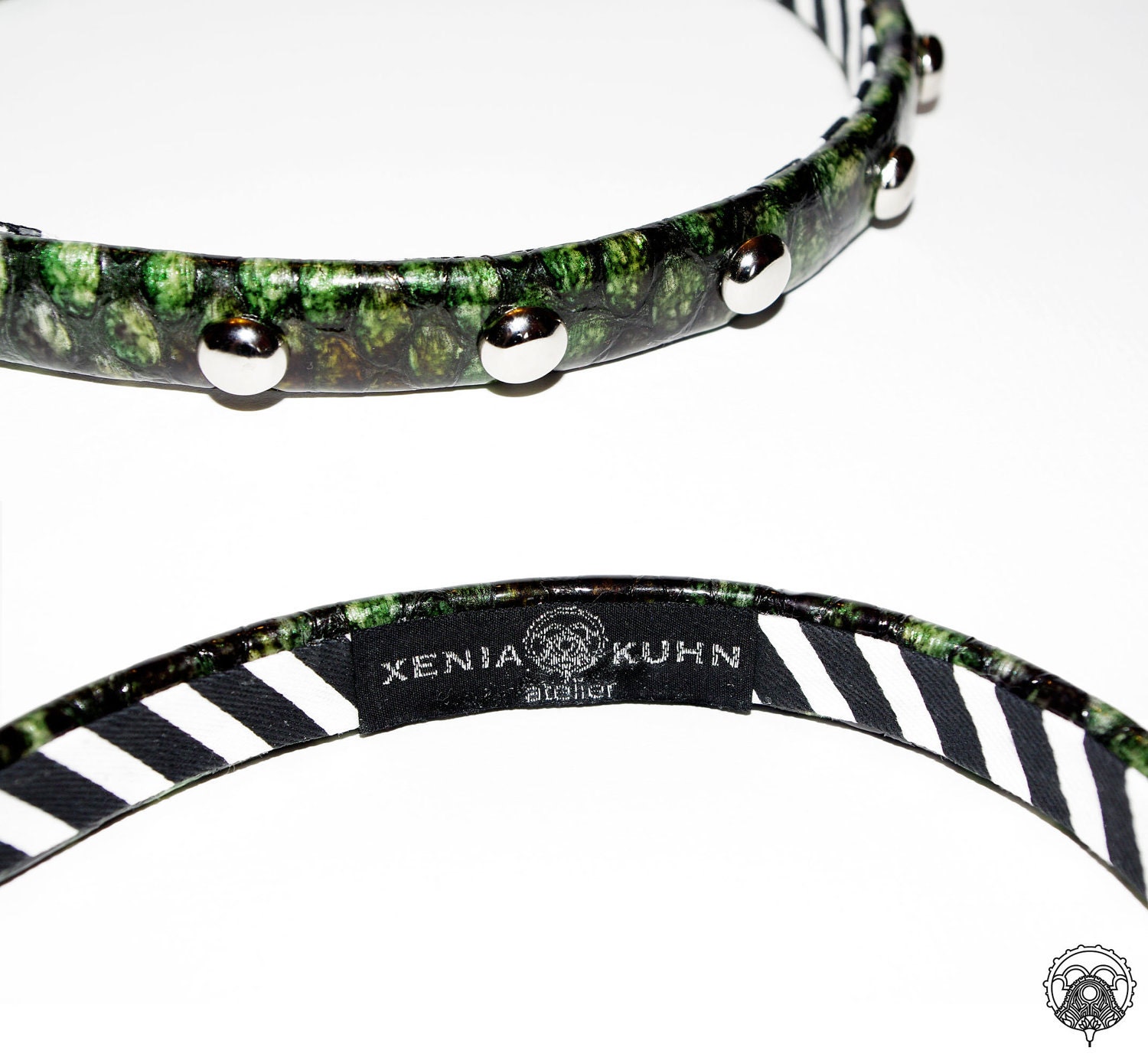 Handcrafted green reptile optic leather studded headband. Only one available. On sale.