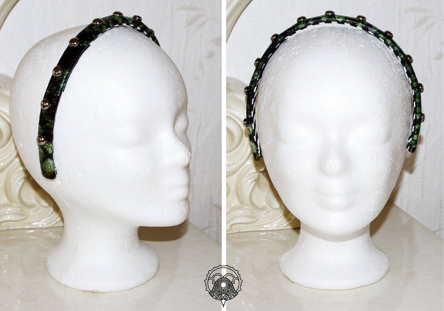 Handcrafted green reptile optic leather studded headband. Only one available. On sale.