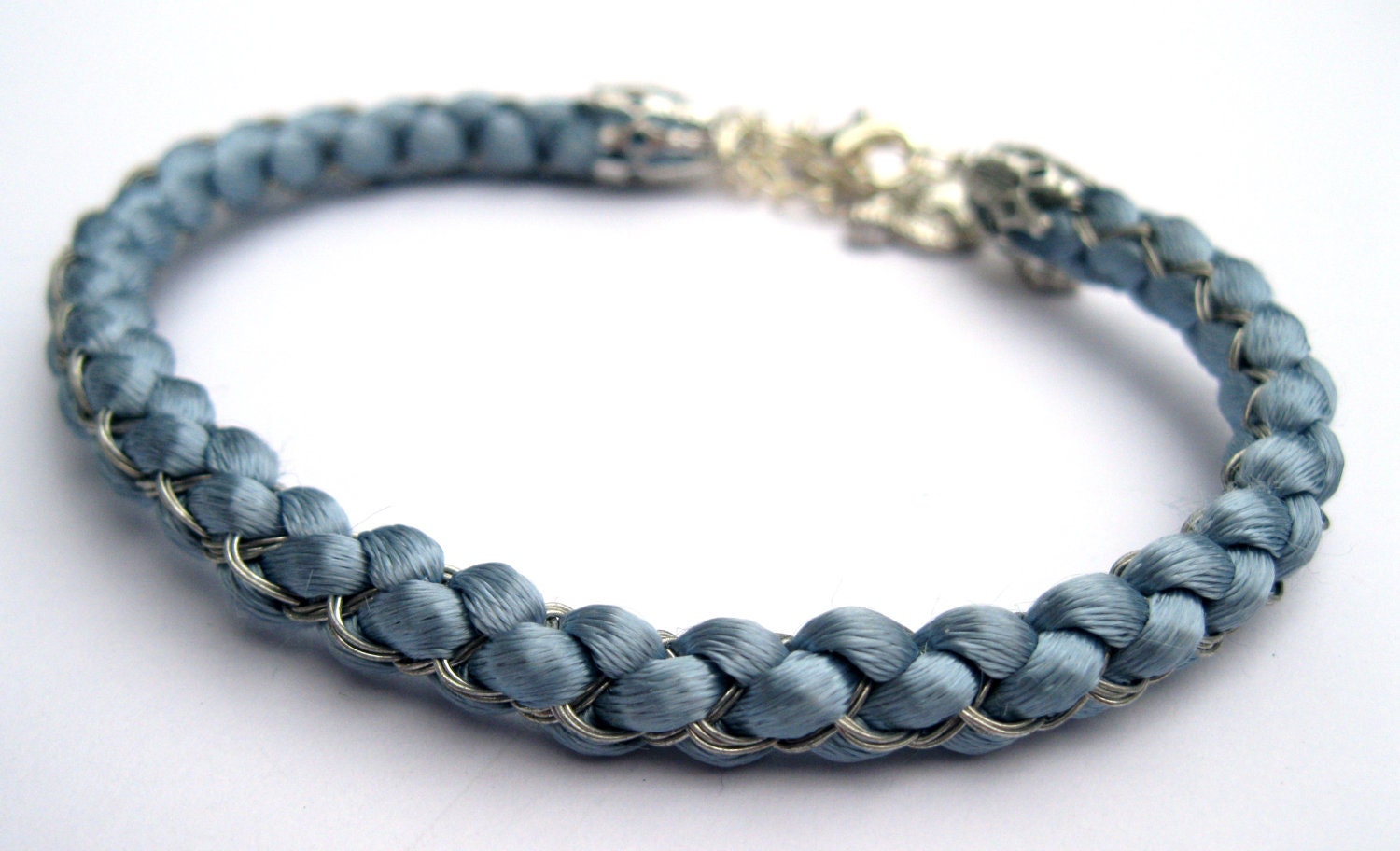 Ice Blue and Silver Chinese Style Kumihimo Bracelet - Blue Satin Cord and Silver Wire with a Chinese Dragon Charm - Free Combined Shipping