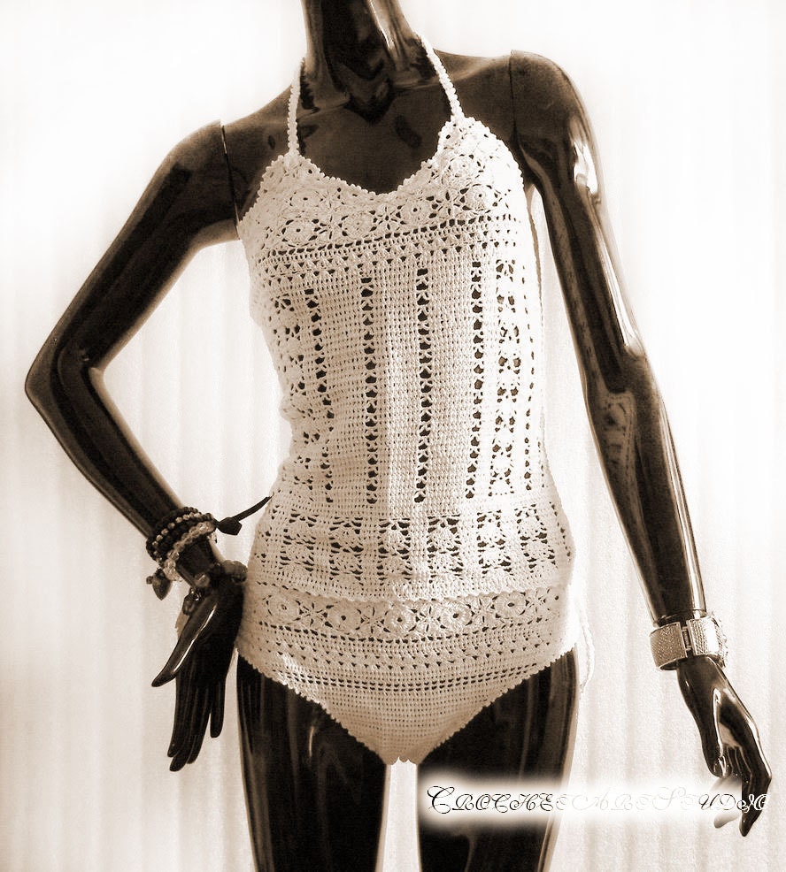 Organic Natural Eco Friendly Cotton Crochet Lace Set Halter Bra Top & Strappy String Bottom