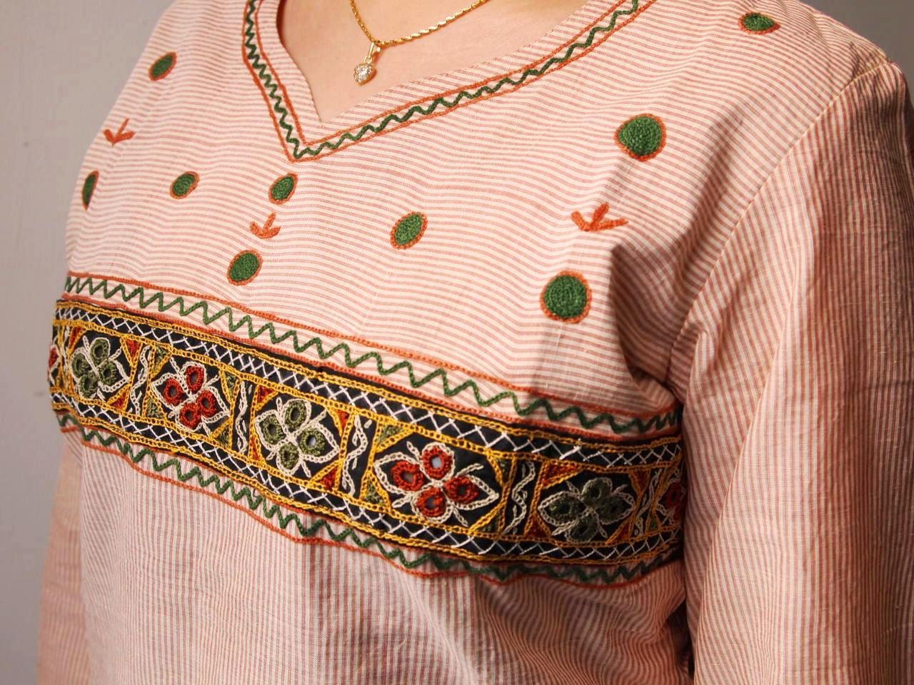 Cream and Marron Stripe Cotton Kurta Top with Unique Design Handwork for Womens