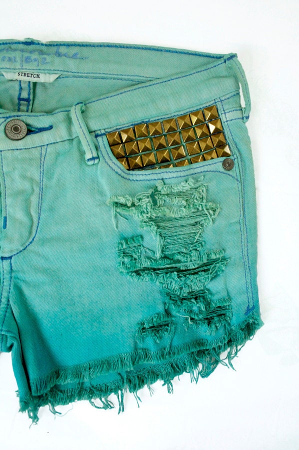 Tribal Aztec Navajo Southwestern Ethnic Print Teal Mint Ombre Dyed Studded Handmade Denim Destroyed Boho Coachella Hipster Cut Offs Shorts