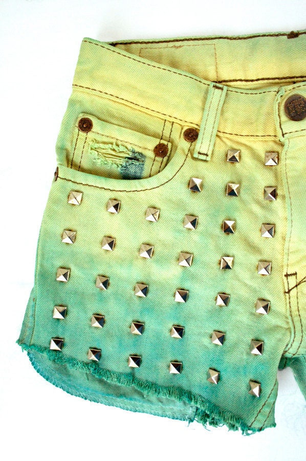 RESERVED FOR CARINA: Ombre Studded Hand Dyed Green Pastel Yellow Teal Mint Hipster Handmade Dip Dyed Boho Coachella Denim Cut Offs Shorts