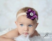 Deep Purple Flower With Rhinestone Center on an Ivory Elastic band, perfect for photoprops, babies, toddlers, teens and adults