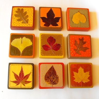 FALL LEAF DECOR- autumn art blocks-set of 9- reclaimed wood- warm earthy autumn red, yellow, brown, orange - MoonflowerNatureArt FALL LEAF DECOR- autumn art blocks-set of 9- reclaimed wood- warm earthy autumn red, yellow, brown, orange - MoonflowerNatureArt