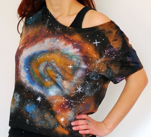 Hand painted galaxy nebula space universe stars oversized top t shirt