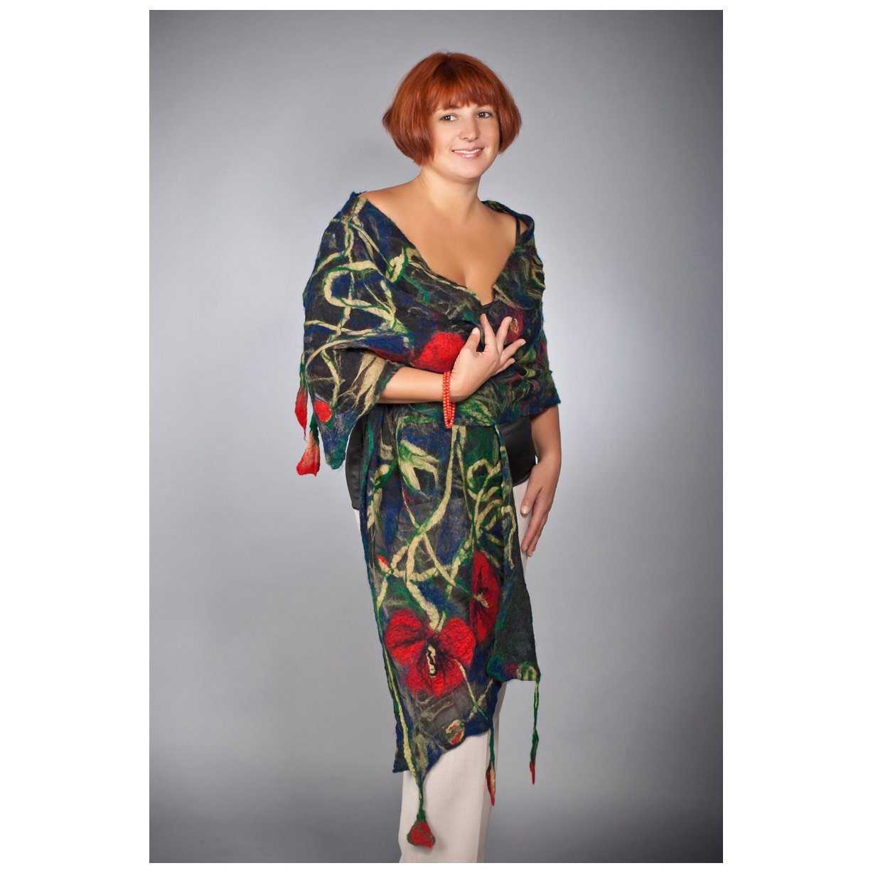 Red Poppies Felted Scarf Cobweb Wool Silk Shawl Earth color , nuno felting scarf