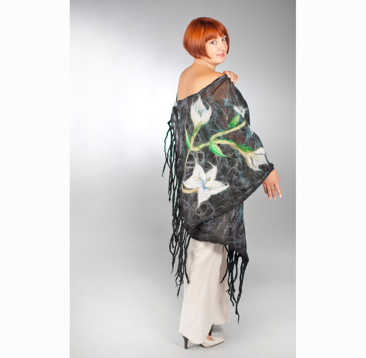 Lotus Flowers in Black Felted Scarf Cobweb Wool Silk Shawl  nuno felting scarf