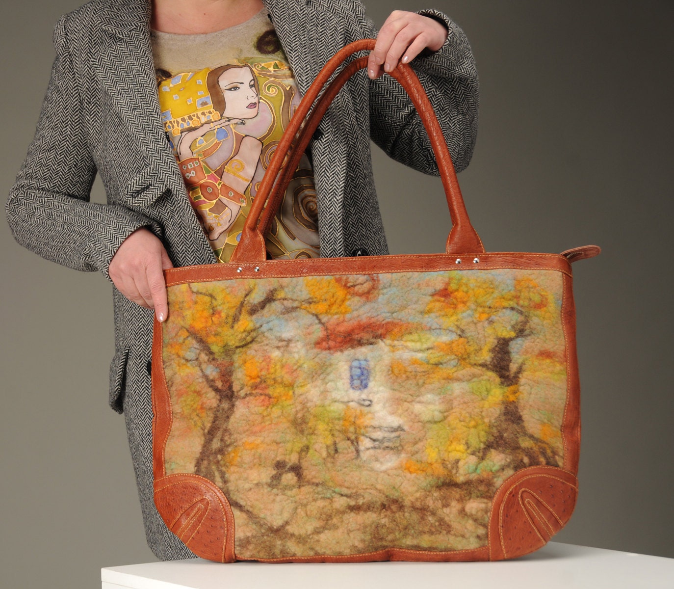 Felted Art Picture Bag  Ostrich Leather Handbag Earth tone Autumn Golden