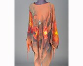 Pinkish salmon chiffon dress hand painted batik. Chiffon top, blouse, summer dress, tunic dress. Woman tunic plus size clothing, Womens XL