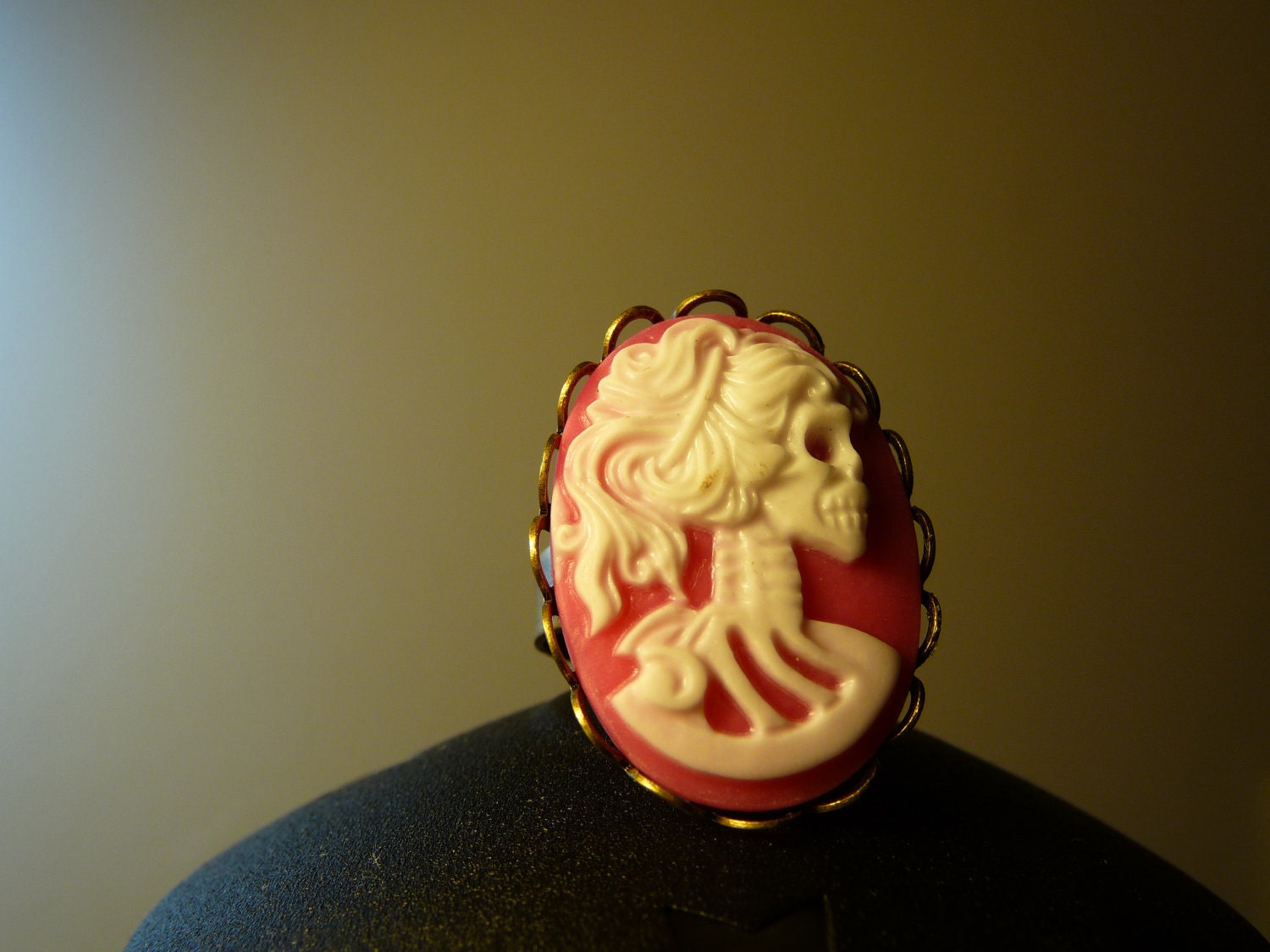 Skeleton Cameo Adjustable Ring in White and Dark Pink by vintagerust