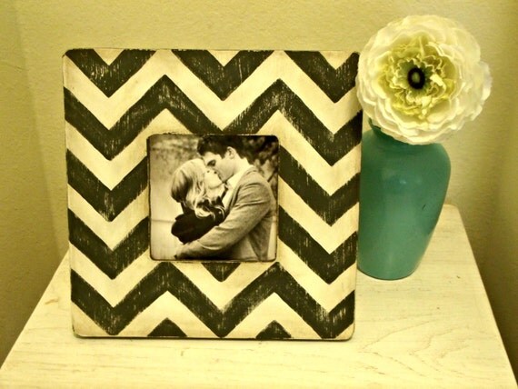Handpainted Grey and White Chevron Stripe Picture Frame