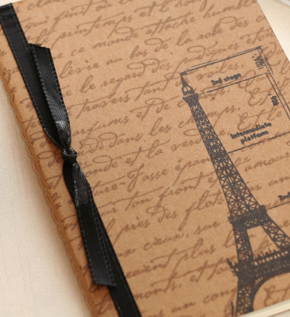 Eiffel Tower Journal, French Script mini notebook, Vintage inspired altered journal, Kraft Moleskine Notebook, birthday gift