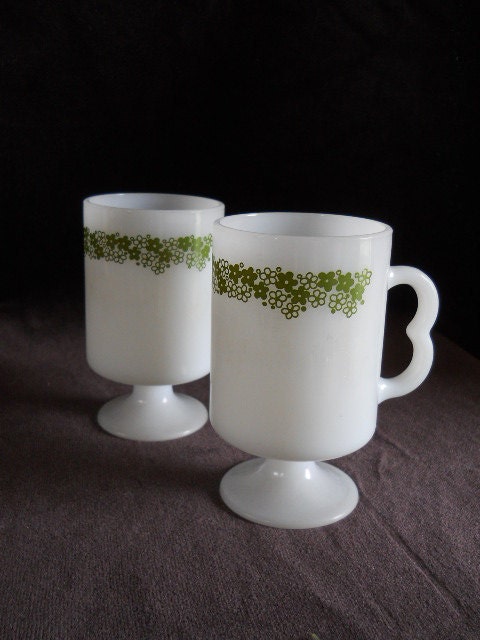 Vintage Milkglass Crazy Daisy Green Spring Blossom Mugs Marked U.S.A. on bottom