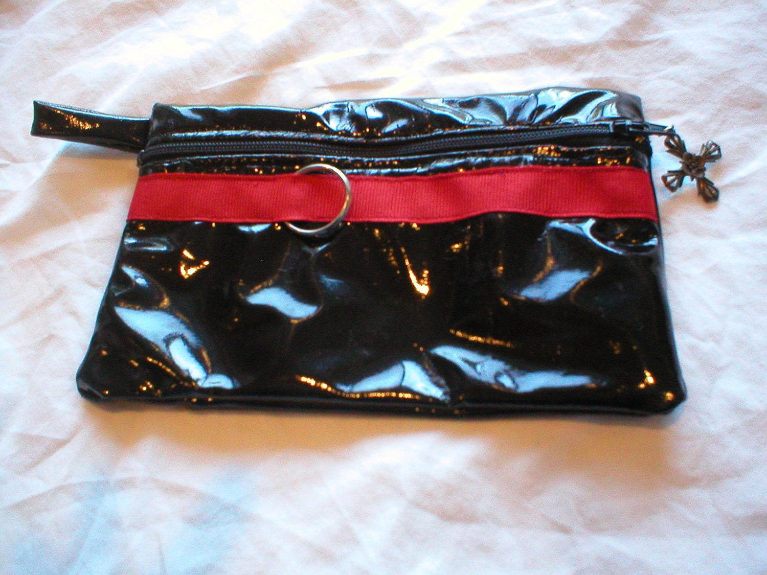 Zippered Clutch- Black Vinyl with Red Detail