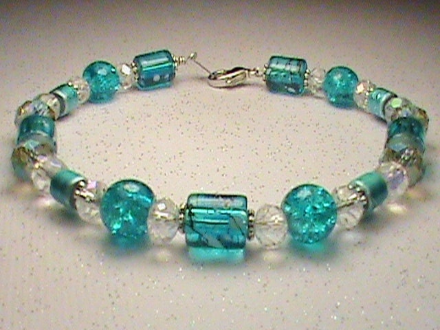 Turquoise, White & Silver Glass Bead Bracelet - JustAMomFromNH
