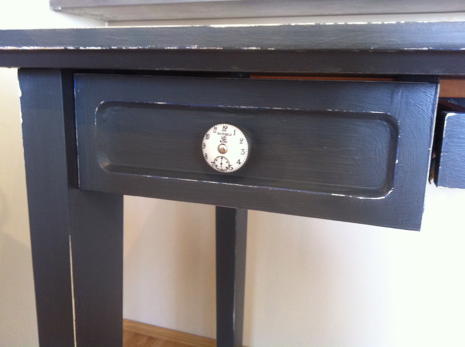 SOLD-London Grey Nautical Distressed Writing Desk. Elizabeth Greenwich.