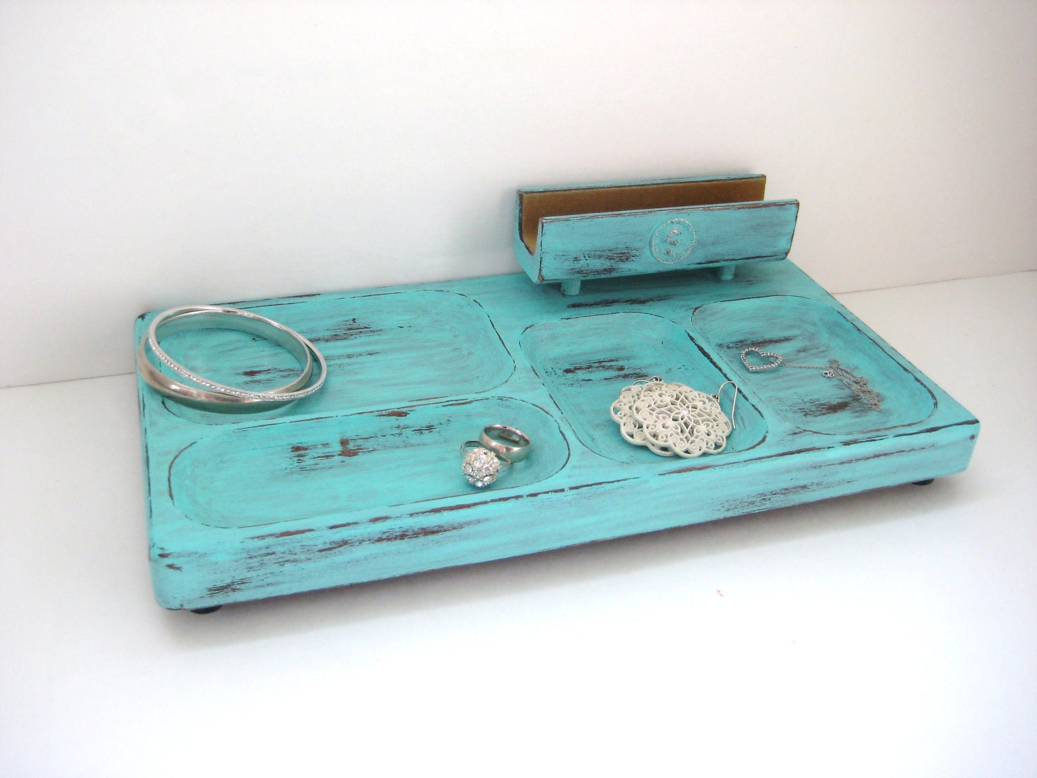 Turquoise Jewelry Valet - Shabby Chic Distressed Patina - Organization