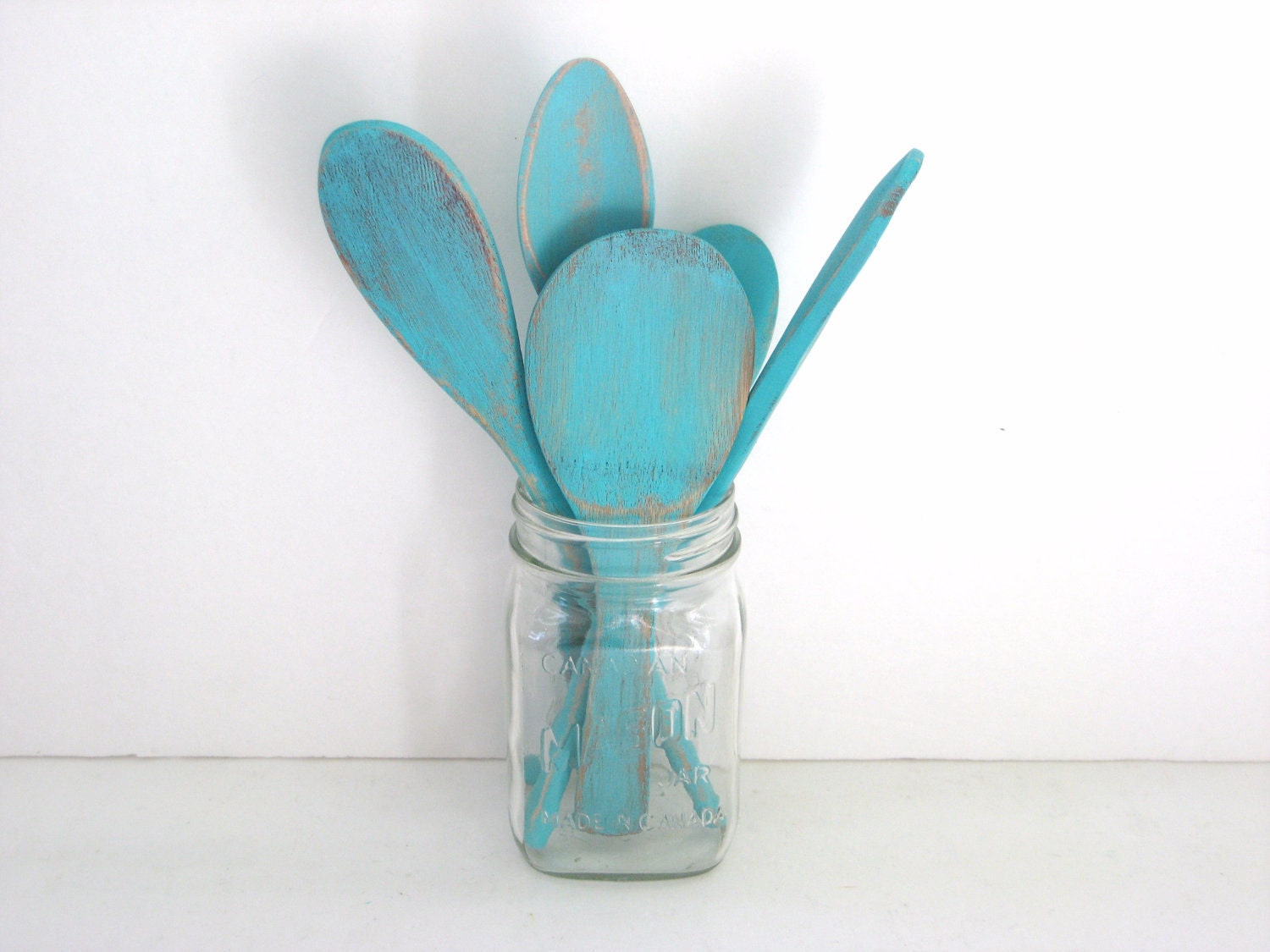 Turquoise Wooden Spoons in Mason Jar - Shabby Chic Kitchen Decor