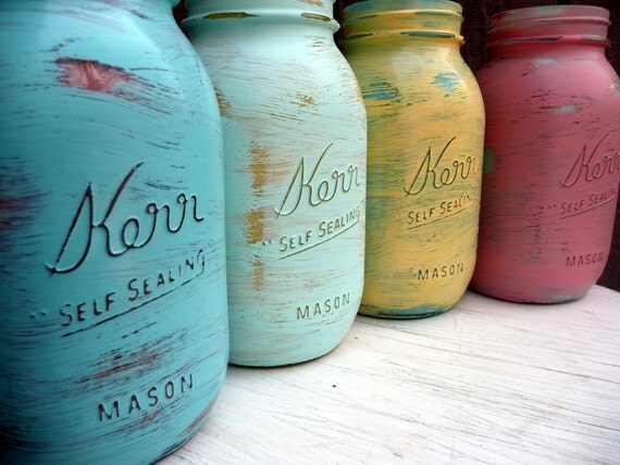 Miami inside/outside Quart - Wedding and Home Decor  -  Painted and Distressed Shabby Chic Mason Jars - Vase