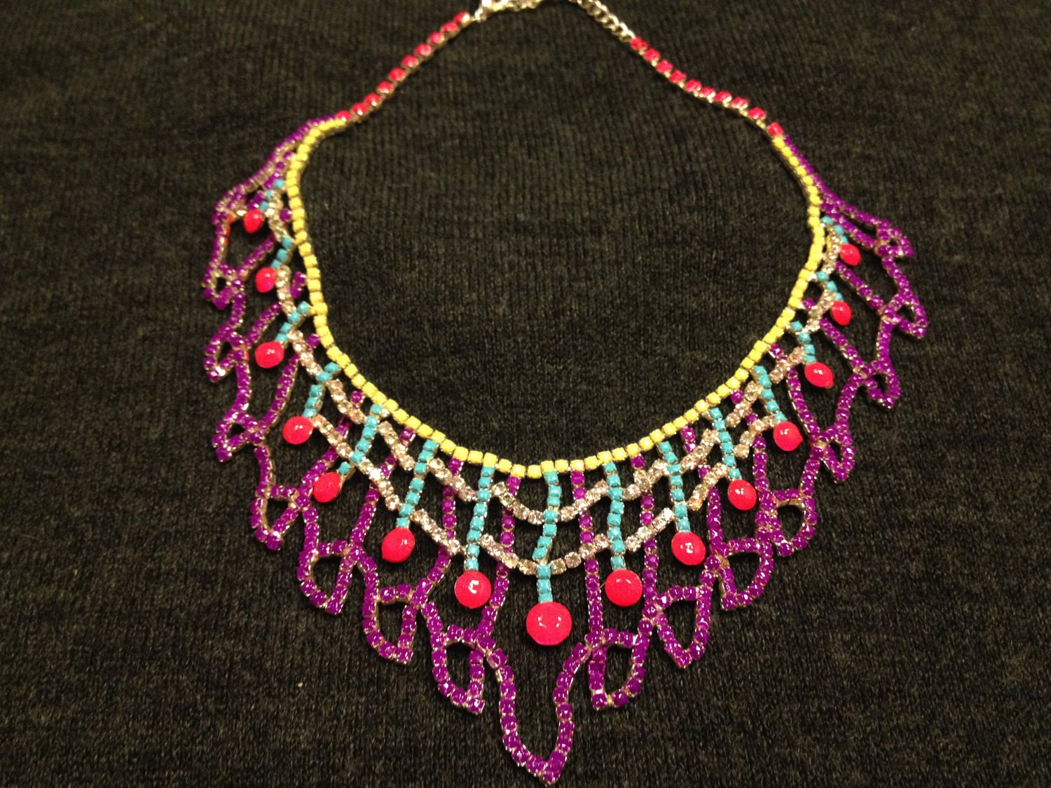 Tom Binns inspired neon coachella hand painted rhinestone statement necklace