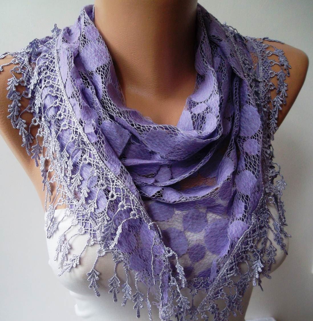 Trendy Gift Scarf - New - Mother's Day Gift - Lilac Lace Scarf - Polka Dots Patterned Tulle Scarf with Lilac Trim Edge