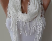 Trendy - Valentines Day -Creamy White Shawl and Scarf with White Trim Edge