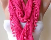 Pink Cotton Scarf with Pompom Trim --