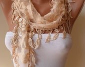 Mother's Day - Tan Scarf with Lace Trim Edge Shaped Leaves